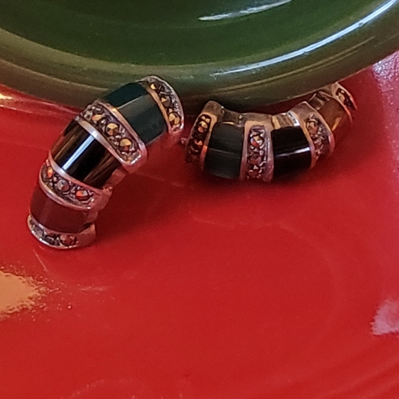 🗝Vintage Sterling Jade, Hematite, & Amber Marcasite Earrings - Picture 4 of 8